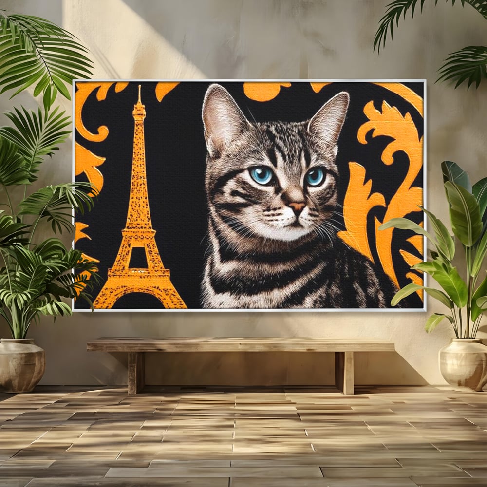 Tablou canvas cu tablou canvas cu pisica si turnul eiffel, in rama de aluminiu argintiu